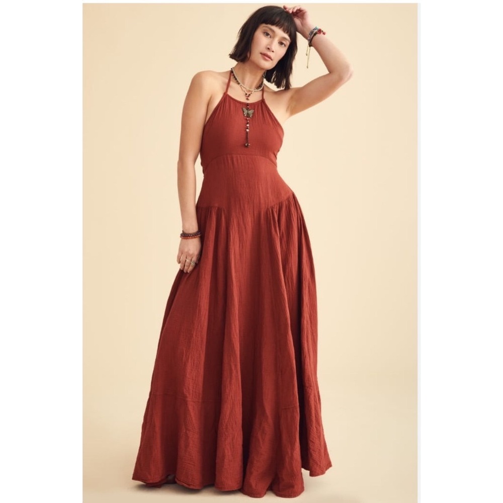 Earthbound Trading Co Womens Rust Orange Halter Maxi Dress Medium Boho Cotton